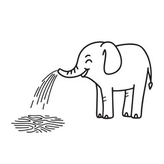 An elephant trunk squirting water on dry soil