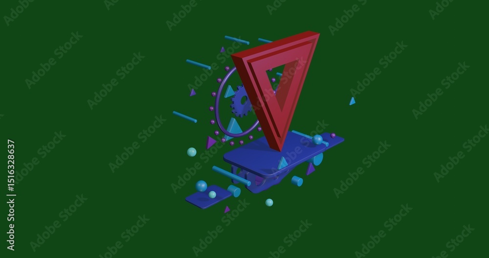 Poster red give way sign on a pedestal of abstract geometric shapes floating in the air. abstract concept a