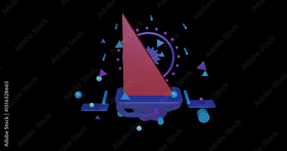Poster red right triangle symbol on a pedestal of abstract geometric shapes floating in the air. abstract c