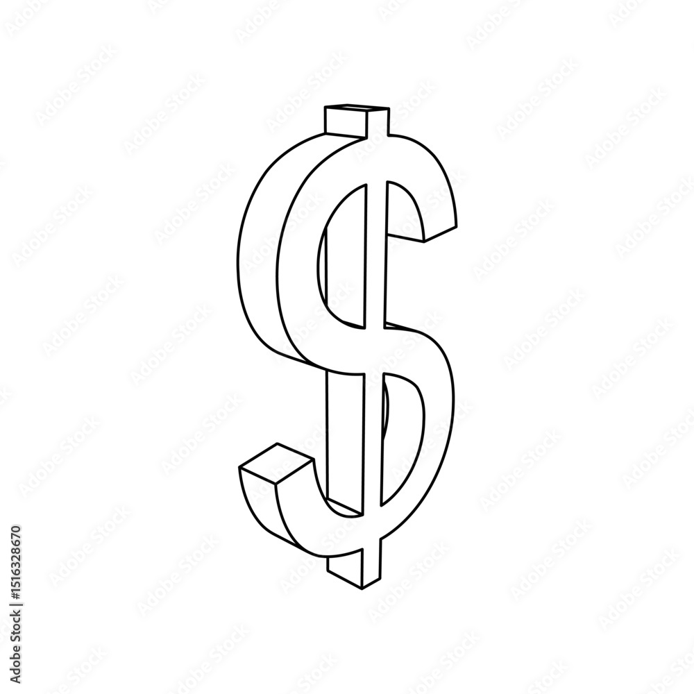 Poster the outline of a large dollar symbol is made with black lines. 3d view of the object in perspective.