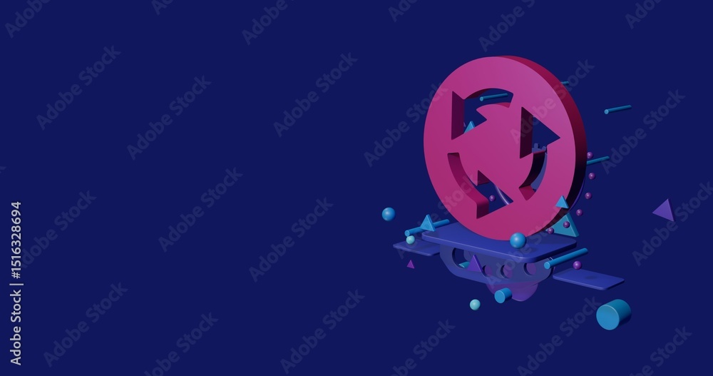 Poster pink roundabout sign on a pedestal of abstract geometric shapes floating in the air. abstract concep