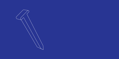 The outline of a large metal nail symbol made of white lines on the left. 3D view of the object in perspective. Vector illustration on indigo background