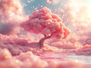 Pink Dreamscape: An Ethereal Cherry Blossom Tree in a Pastel Paradise