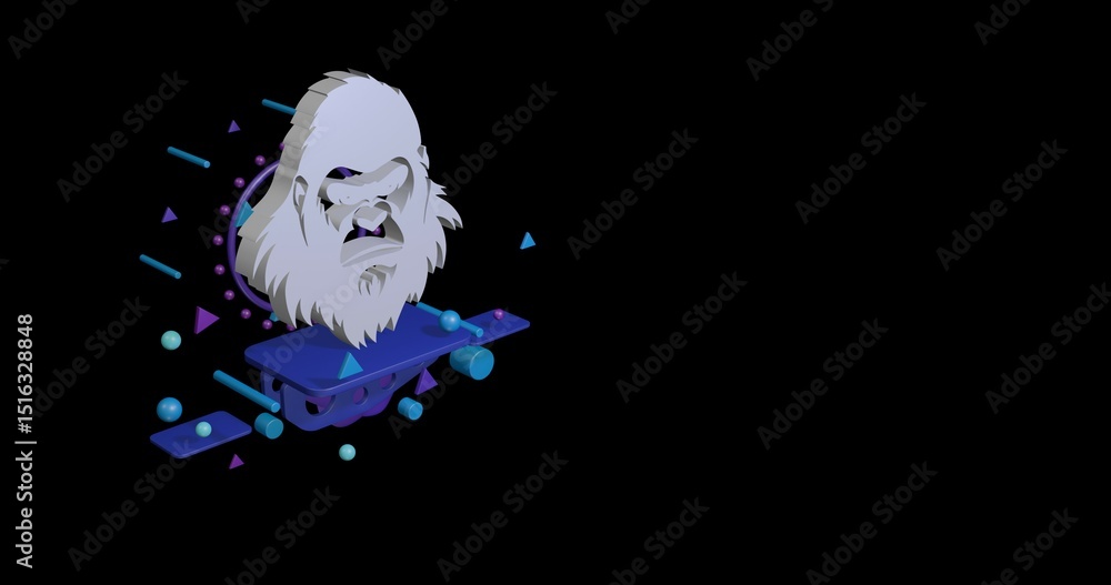Poster white gorilla head symbol on a pedestal of abstract geometric shapes floating in the air. abstract c