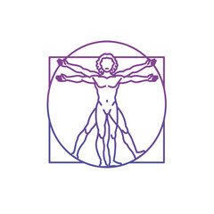Vitruvian Man outline in purple against a white background 