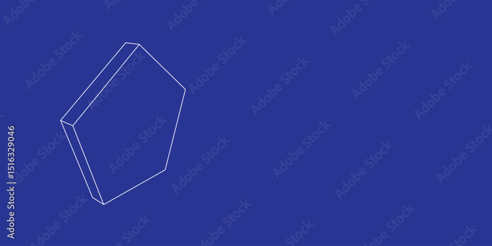 Poster the outline of a large pentagon symbol made of white lines on the left. 3d view of the object in per
