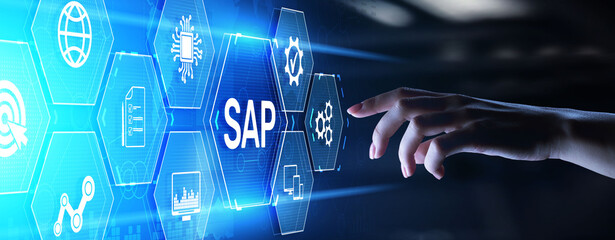 SAP software business process automation. ERP enterprise resource planning system on virtual screen.