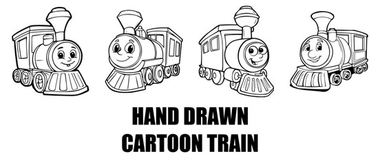 Cute hand drawn cartoon steam trains with smiling faces in black and white line art style, perfect for children’s books, coloring pages and illustrations.  © Faiza's World