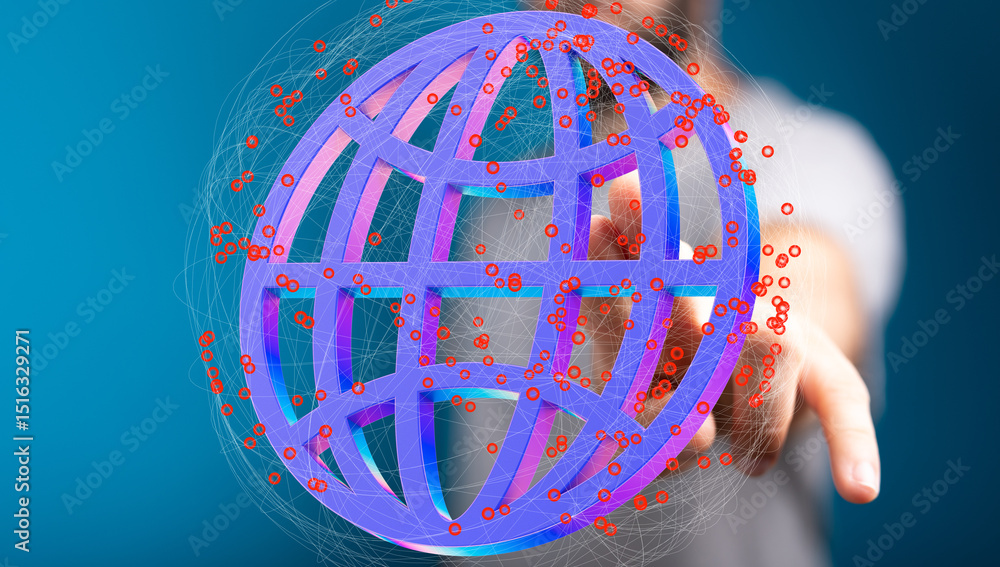 Poster person interacts with a digital globe, symbolizing global networking and connection.