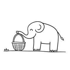 An elephant reaching into a basket with a trunk