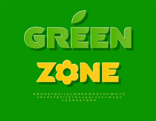 Vector Natural badge Green Zone with Decorative Flower. Fresh Green Font. Bright Sticker Alphabet Letters and Numbers set.