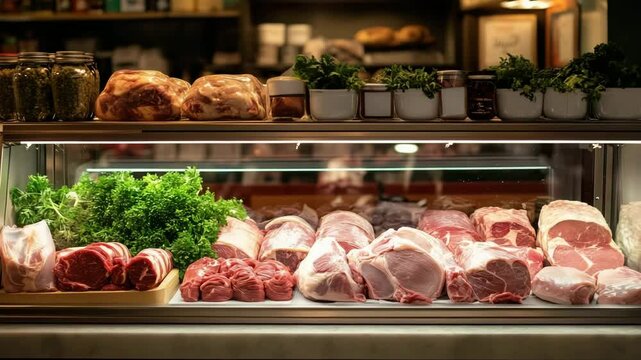 Various cuts of raw meat arranged in a butcher shop display case with green herbs, jars, and lighting in a cozy market setting.