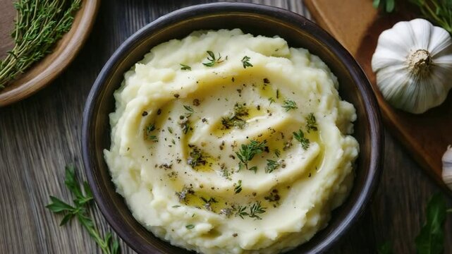 Smooth mashed potatoes topped with olive oil, fresh herbs, and black pepper served in a rustic dark bowl on a wooden table.