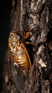 Close-up photograph of a brown cicada insect clinging to the textured bark of a tree, highlighting its intricate wing structure and detailed patterns.