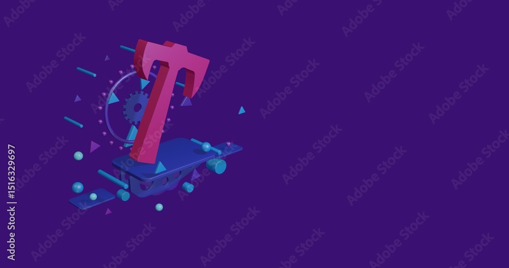 Poster pink axe symbol on a pedestal of abstract geometric shapes floating in the air. abstract concept art