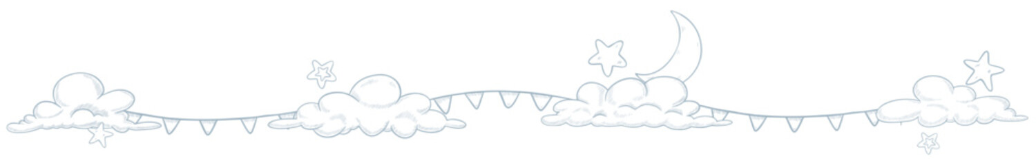 Vector border with clouds, stars, moon, and bunting in engraving style. Linear illustration for baby shower cards, childish invitations, or nursery templates. Outline sketch for kids poster.