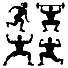Silhouette illustrations showing people doing various weightlifting and fitness exercises in different poses
