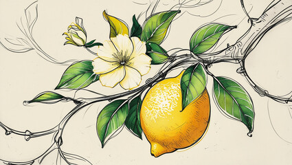 Watercolor Lemon Branch Botanical Fruit Illustration