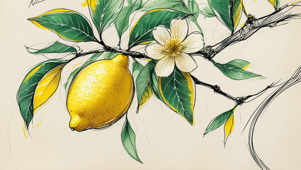 Watercolor Lemon Branch Botanical Fruit Illustration