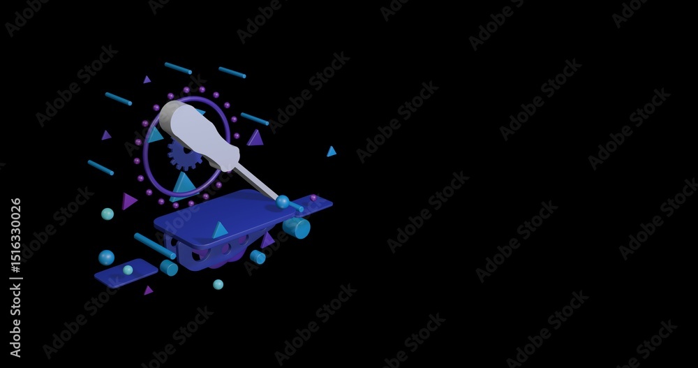 Aufkleber white a screwdriver symbol on a pedestal of abstract geometric shapes floating in the air. abstract 