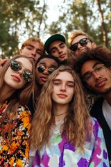 Fototapeta premium Vertical group portrait of multiracial young friends taking selfie with phone in the park. Millennial student people enjoying day off