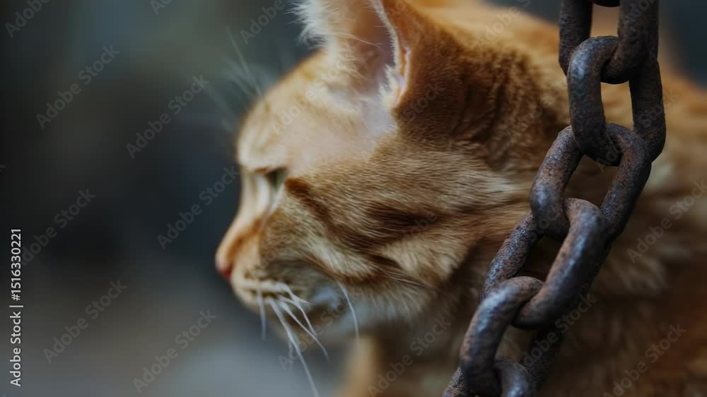 Poster close-up photo of a curious cat peeking out from behind a chain