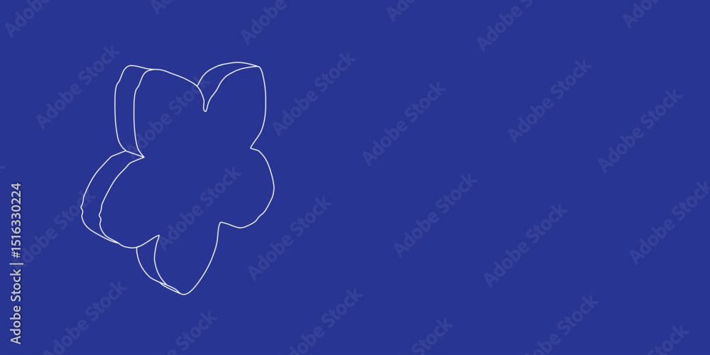Poster the outline of a large forget-me-not flower made of white lines on the left. 3d view of the object i