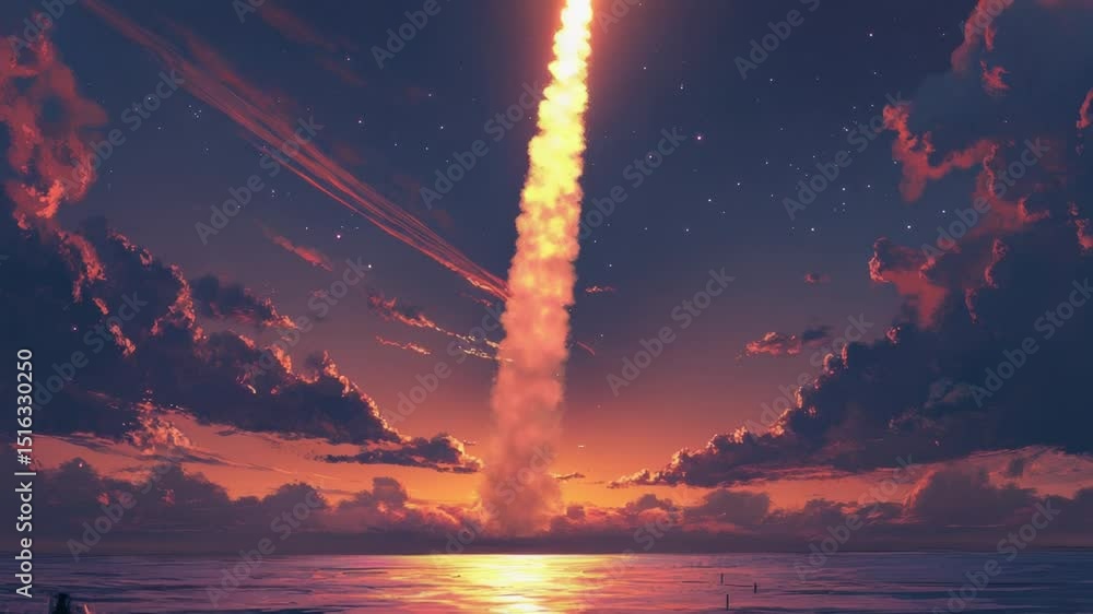 Poster a rocket soaring through the sky as the sun sets over the ocean, creating a breathtaking view