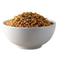 A delicious bowl of instant noodles topped with crispy bits and green onions, presented on a white isolated background, perfect for culinary and food-related projects.