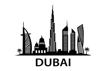 Dubai skyline with famous landmarks in silhouette