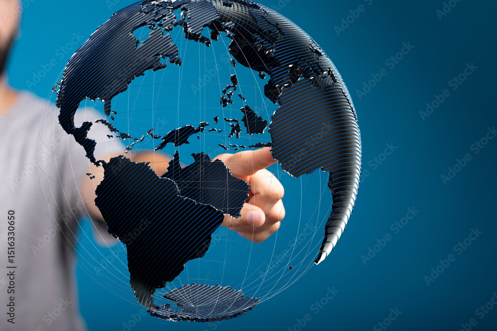 Aufkleber Person interacts with a digital globe, representing global connectivity and networking.