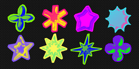 Y2k 3d punk neon colors light chrome halftone stars shape retro abstract vector illustration sticker set. Chrome silver 3d metallic halftone semitone retro effect bright neon color star collection.