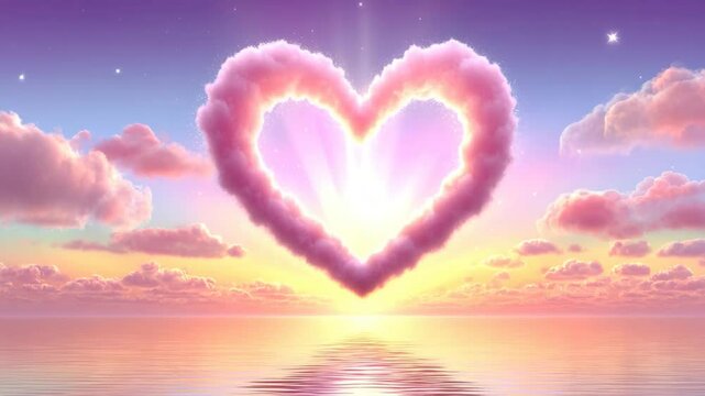 Heart shaped cloud sunset animation with heart shaped cloud glowing in heart shaped cloud pastel sky