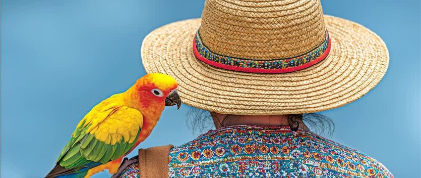 Sun conure parrot on shoulder with sun conure parrot bonding moment and sun conure parrot colorful feathers