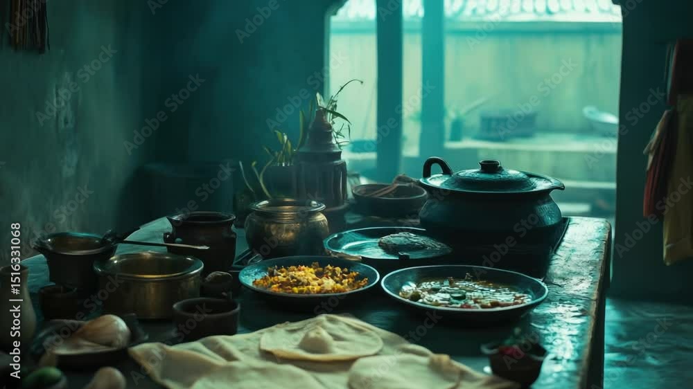 Poster a table set with bowls of food next to a window, perfect for use in still life photography or as a p