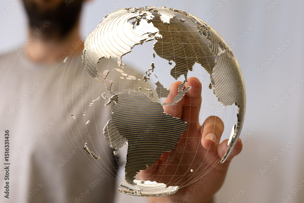 Poster a person's hand interacts with a transparent digital globe, symbolizing global connectivity and netw