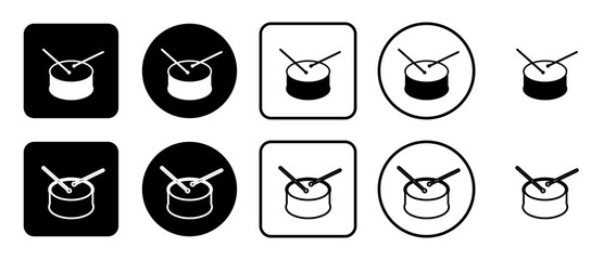 Icon set of drum symbol. Filled, outline, black and white icons set, flat style.  Illustration on transparent background