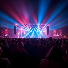Excited crowd enjoying outdoor music festival with vibrant stage lights and energetic atmosphere under night sky