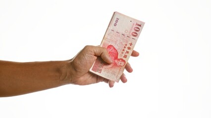 Hand holding taiwan dollars over isolated white background, showcasing currency.
