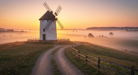 Obraz premium Scenic Windmill on Hill at Sunrise with Foggy Countryside