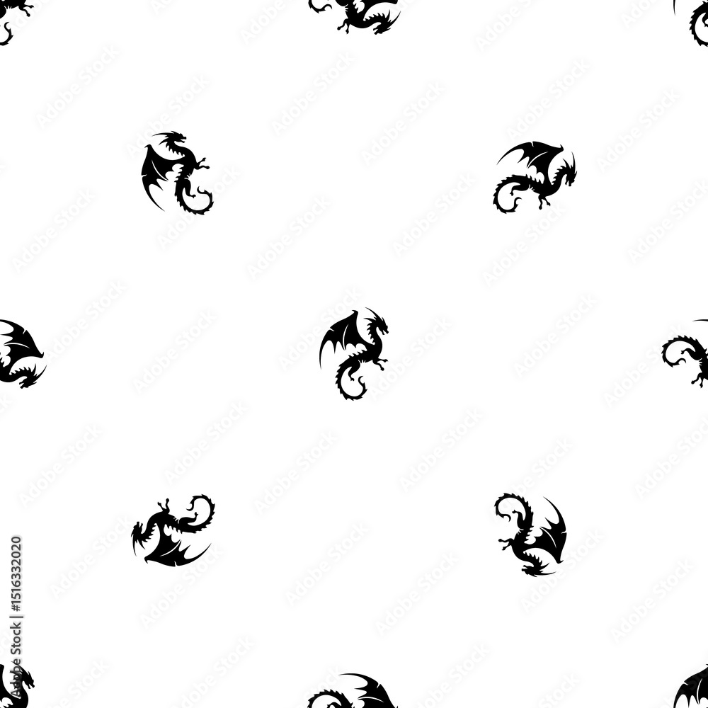 Poster seamless pattern of repeated black dragon symbols. elements are evenly spaced and some are rotated. 