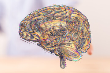 Abstract art of human brain, neural network, AI, intelligence, mind, neurology, science, technology.