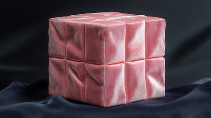 Stylized pink cube, textural composition against fluid dark backdrop evokes softness