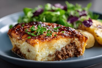 A savory baked dish paired with a fresh salad showcases the beauty of home-cooked meals, exemplifying the joy of culinary creativity and a healthy lifestyle on a dining table.