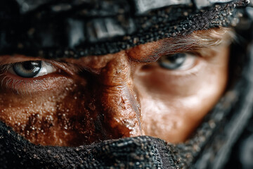 Intense gaze of a person with weathered skin, head covered, evokes hardship and resilience in a close-up portrait.