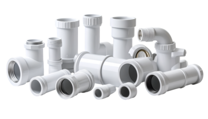 Plastic Piping Components: An array of durable, pristine plastic piping components in varying shapes and sizes, essential for efficient plumbing and construction projects. 