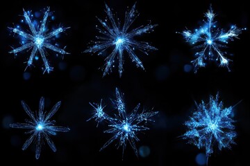Detailed winter snowflakes with intricate patterns and sparkling effects on a black background