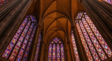 Fototapeta premium Viewing Stained Glass Windows in Gothic Architecture Ceiling