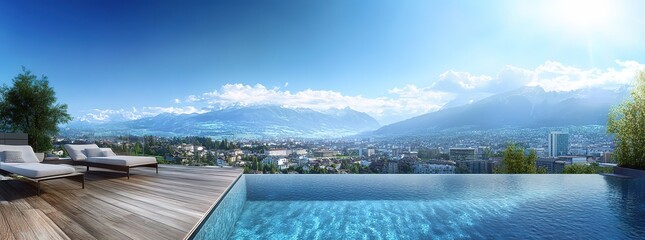 Pool and Modern House with City and Mountain Landscape - Summer Holiday
