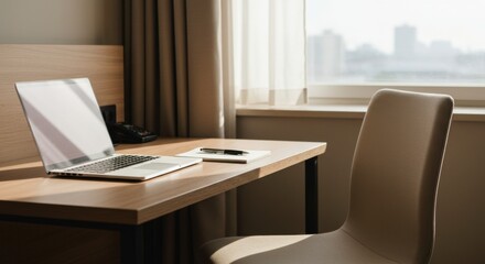 Fototapeta premium Modern workspace with laptop and stationery on wooden desk 